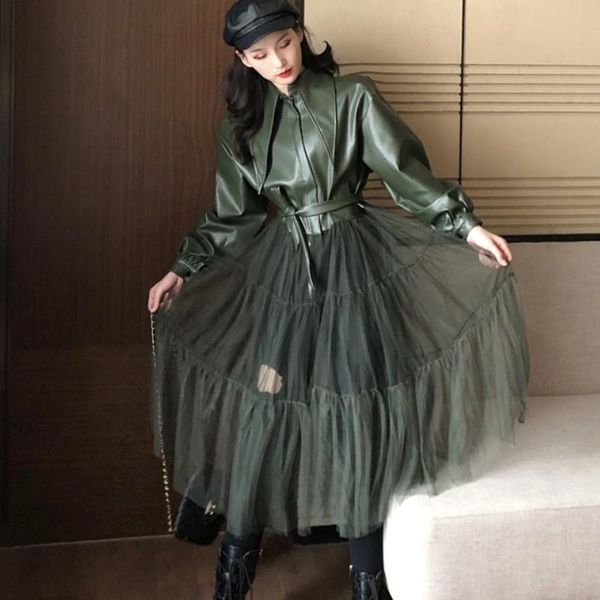 

women's jackets runway design fashion solid color long mesh gauze stitching pu leather coat 2021 spring women casual outwear with belt, Black;brown