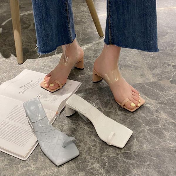 

2021 summer fashion pvc transparent women's slippers square high heel ladies slides outdoor casual dress sandal shoes flip flop, Black
