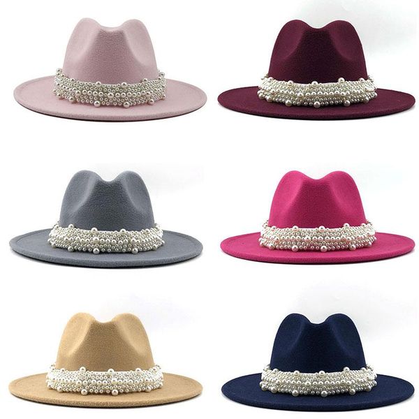 

stingy brim hats elegent fedora hat women pearl wide wool jazz trilby cap panama spring autumn winter fashion party caps, Blue;gray