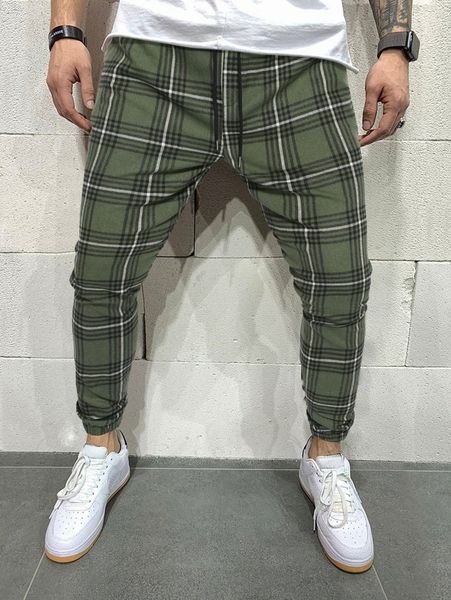 

men plaid slant pocket drawstring waist pants 78iq#, Black
