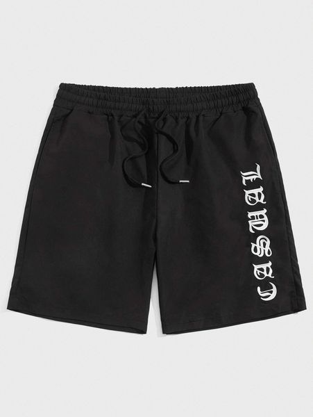 

men letter graphic drawstring waist shorts 48o2#, Black