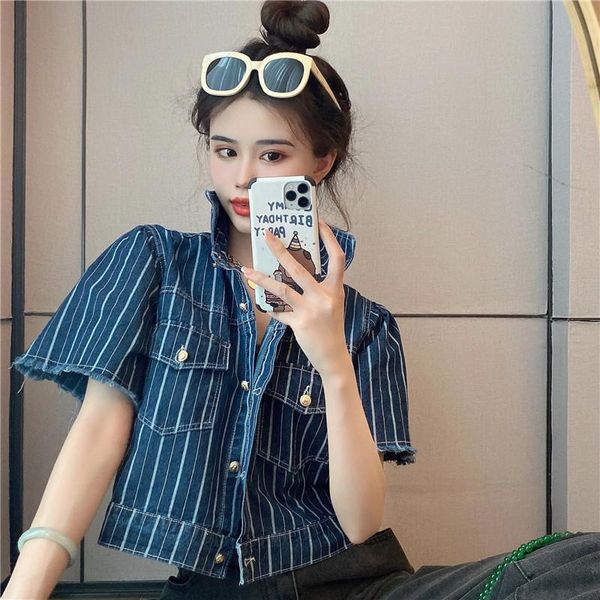 

women's jackets 2021 summer fashion short loose lapel sleeve tooling thin striped denim jacket trendy h187, Black;brown
