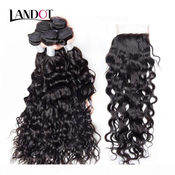 

8a lace closure with 3 bundles brazilian water wave curly virgin human hair weaves peruvian indian malaysian cambodian hair natural color, Black;brown