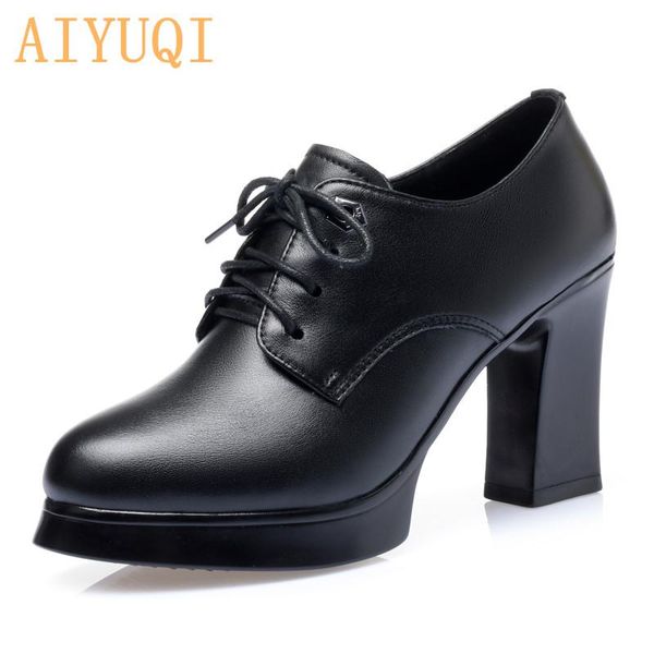 

dress shoes aiyuqi women spring high heel 2021 genuine leather ladies thick platform pumps fashion, Black