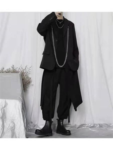 

men's suits & blazers spring 2021 dark suit jacket fashion chain decorative youth casual loose large size coat, White;black