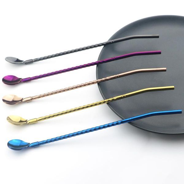 

drinking straws multicolor 18/10 stainless steel straw reusable long spoon portable scoop bar cocktail coffee stirring