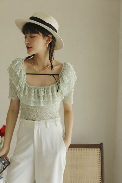 

2021 new sleeve mesh lace women square neck ruffle summer see through ladies crop korean blouse nuci, White