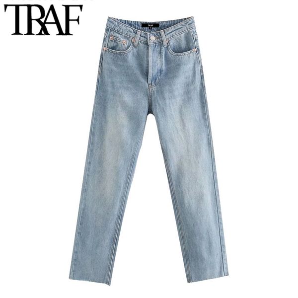 

traf women chic fashion high waist straight jeans vintage buttons fly pockets denim pants female ankle trousers jean 201109, Blue