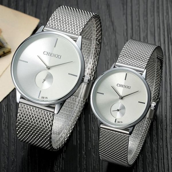 

wristwatches fashion simple stylish chenxi watches men women stainless steel mesh band quartz-watch thin dial clock man lad, Slivery;brown