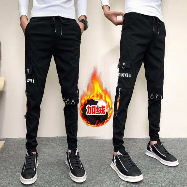 

men's pants autumn winter thick warm harem men clothing 2021 simple fashion side pockets slim fit casual joggers trousers streetwear, Black