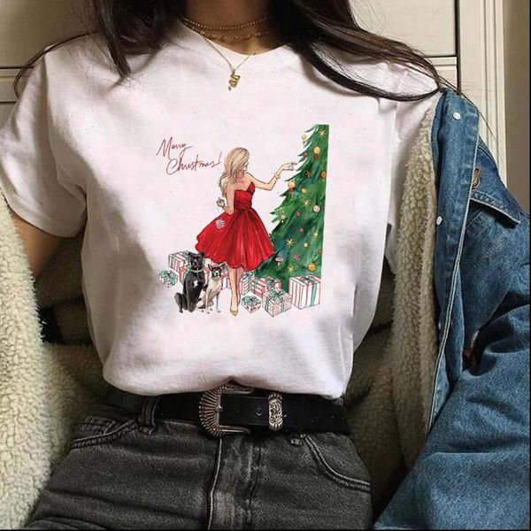 

fashion girl women t shirts print cartoon christmas tree womens tees lady shirt ladies casual cotton short sleeve graphic, White