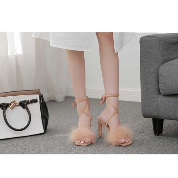 

sandals 2021 european and american star models furry cross strap high-heel four colors, Black