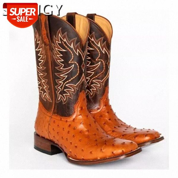 

2020 mens mid-calf boots vintage embroidery western cowboy biker boots slip on winter casual shoes pointed toe men #ju7n