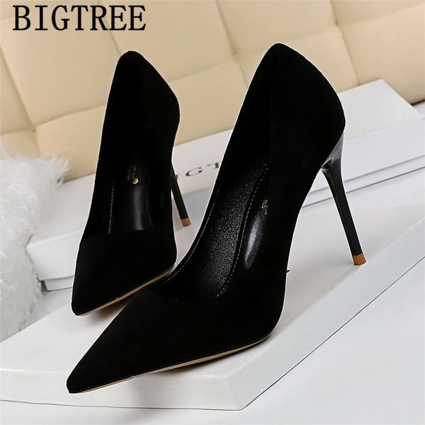 

pumps women shoes pointed heels bigtree shoes stiletto extreme high heels flock valentine shoes high heels sapato feminino, Black