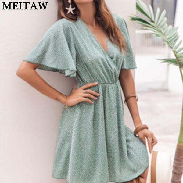 

casual dresses v neck ruffle beach dress women summer sundress short sleeve mini 2021 vintage dot print party, Black;gray