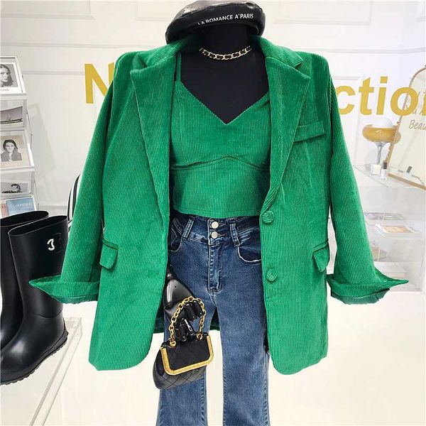 

two piece set 2021 new fashion autumn winter corduroy women's blazer long sleeve single-breasted green blazer + camisole, White