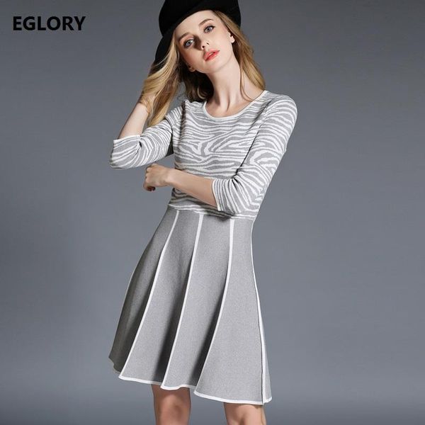 

casual dresses 2021 spring and autumn fashion dress sweater women zebra leopard knitted patchwork 3/4 sleeve fitted big swing knitwear, Black;gray