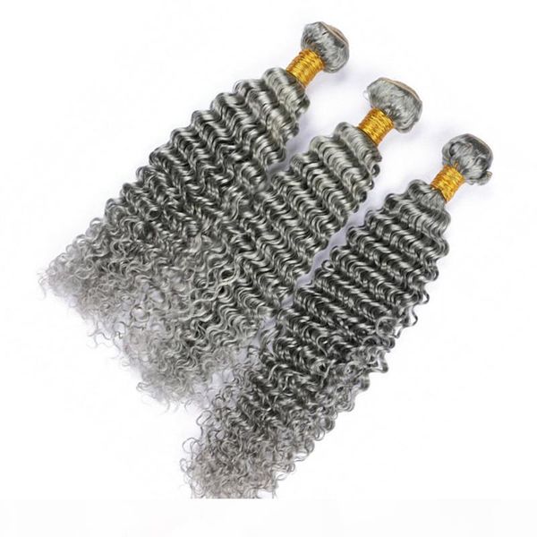 

peruvian virgin human hair grey colored bundles deals 3pcs lot deep wave wavy silver grey human hair weaves extensions double wefted, Black