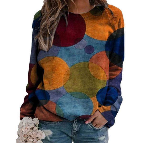 

big size women t-shirt casual long sleeve geometric circle print loose fashion o neck pullover tees spring tshirt 210526, White