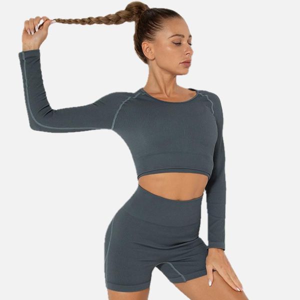 

gym clothing women's sportswear tracksuit seamless knitted long sleeve shorts suit running fitness yoga clothes two-piece set for women, White;black