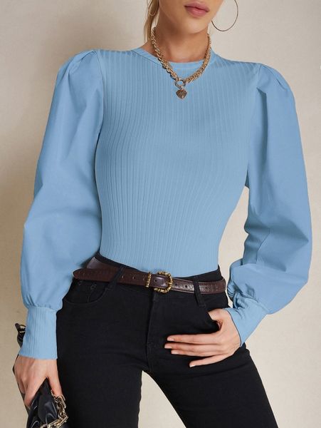 

puff sleeve ribbed knit h5bg#, White