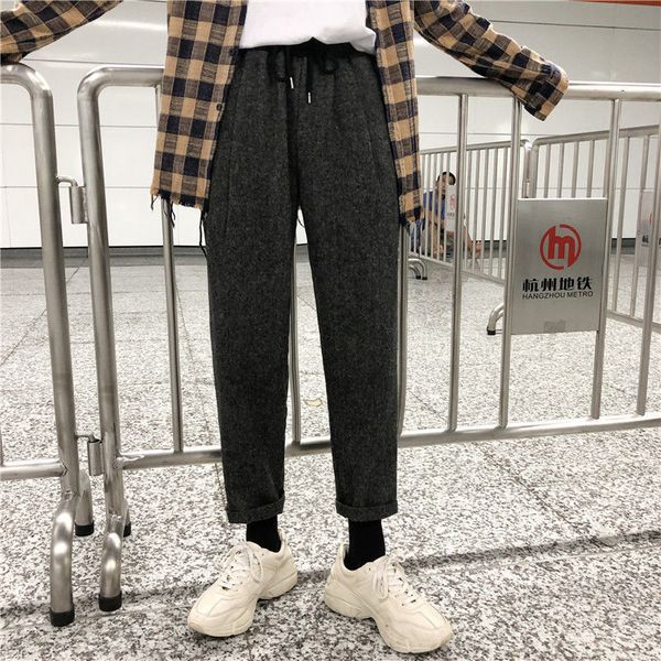 

2021 winter woolen men's warm fashion retro casual men streetwear straight leg pants mens trousers m-xl zzxr, Black