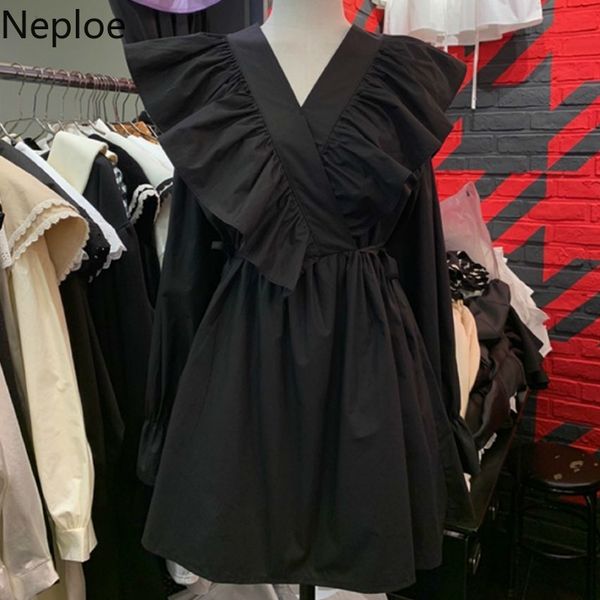

neploe ruffles pleated dress women fashion v neck flare sleeve ladies vestidos summer 2021 loose casual female dresses 1c456 210303, Black;gray