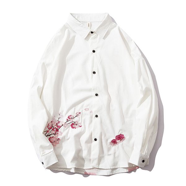 

autumn shirt cherry blossoms embroidery men japanese style long sleeve casual shirts male cotton kg-16, White;black