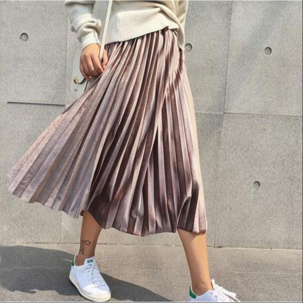 

fashion autumn winter velvet midi skirt women black grey pleated skirt elastic high waist skirts womens jupe streetwear