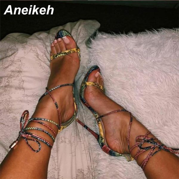 

sandals aneikeh women shoes high heels wedding fashion cross-tied narrow band print serpentine sandalias mujer rome 2021 summer, Black