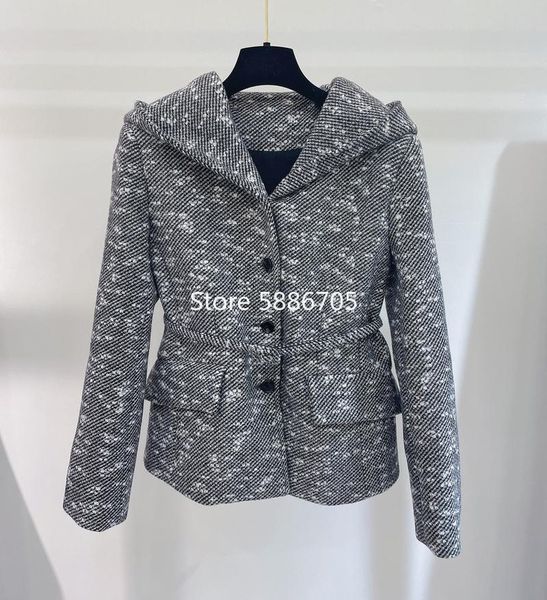 

women's wool & blends runway design gray hooded tweed jacket women single breasted sashes slim vintage coat silk lining s592, Black
