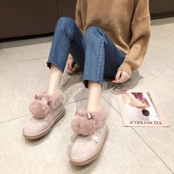 

boots snow women 2021 thick fashion plus velvet one step wool ball ribbon cotton children, Black