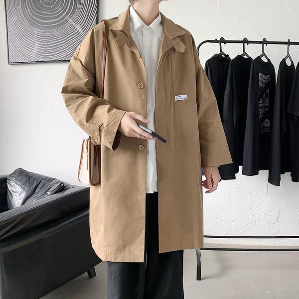 

men's trench coats 2021 fashion men solid color long sleeve cardigan overcoats streetwear outerwea spring autumn, Tan;black