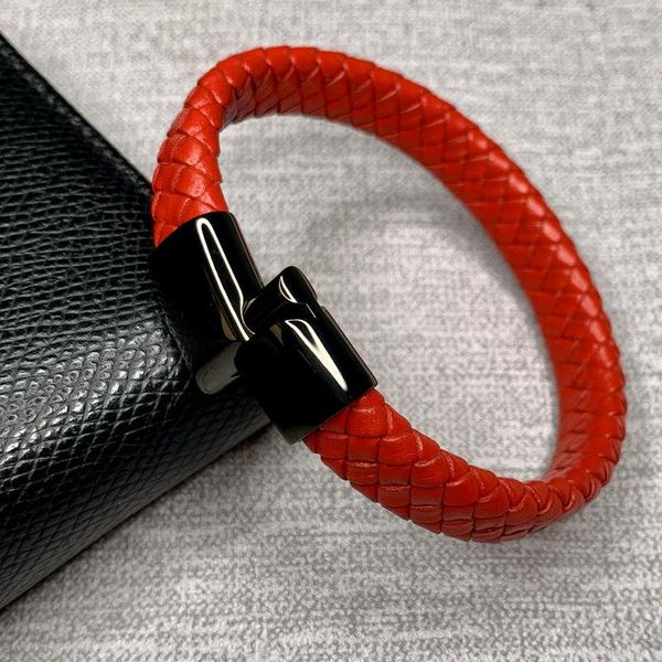 

cuff brand bracelet fashion stainless steel bracelets woven leather black men classic charm magnetic buckle e0022, White