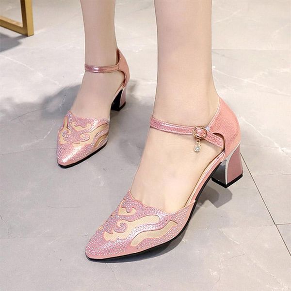 

dress shoes summer women sandals buckle strap pumps pointed toe high heels chunky sandalias mujer 7425g, Black