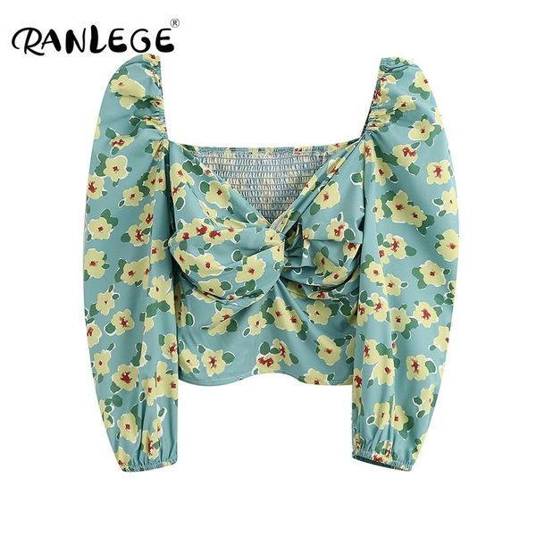 

ranlege puff long sleeve floral blouse women backless short shirt female bow tie holiday beach ladies bluzki damskie, White