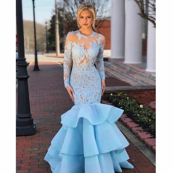 

party dresses long sleeves mermaid prom sheer neck lace organza backless light sky blue evening formal, White;black