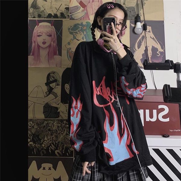 

women's t-shirt black flame t-shirt, japanese-style girl rock t-shirt, long-sleeve t-shirts for casual hip hop and punk, women's t, White