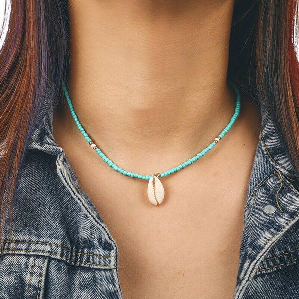 

pendant necklaces women fashion bohemian green beaded choker seashell necklace clavicle natural sea shell cowrie beads jewelry, Silver