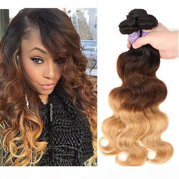 

three tone ombre brazilian virgin body wave hair weaves 1b 4 27# brown blonde bundles wet and wavy human hair weave extensions, Black