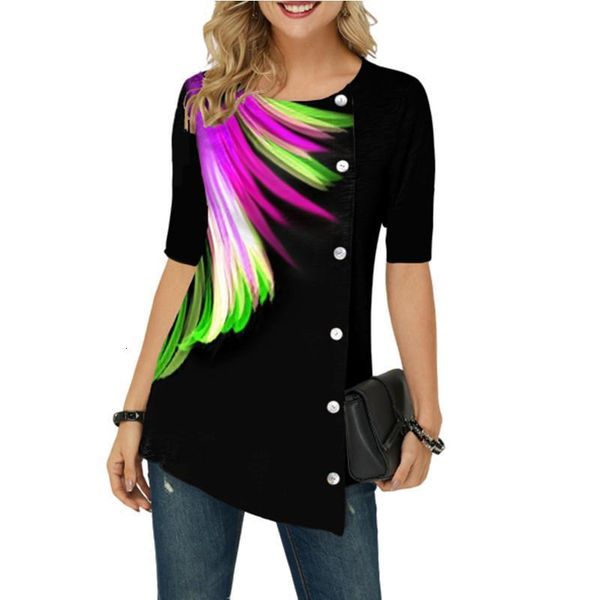 

3d feather v neck printed blouse womens short sleeve summer shirt large sizes 5xl ladies buttons short sleeve shirt, White