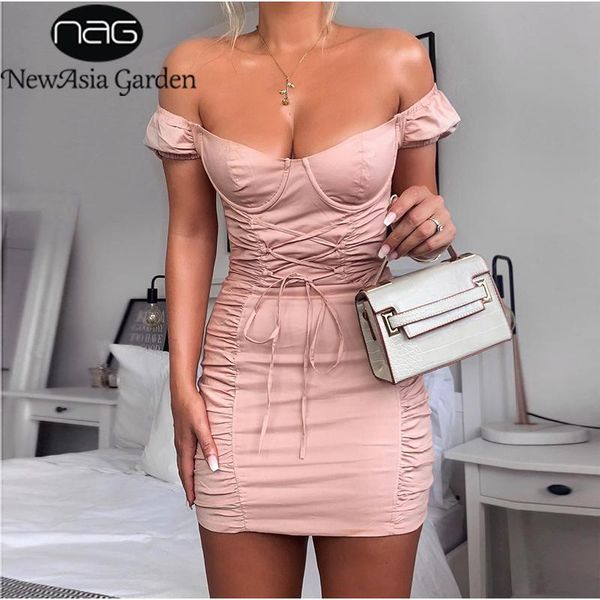 

party dresses asia puff sleeve dress women summer off shoulder bodycon corset lace up tight mini ruched pink, White;black