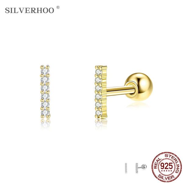 

silverhoo 925 sterling silver grometry rectangle stud earrings for women full cubic zirconia gold color small earings jewelry, Golden;silver