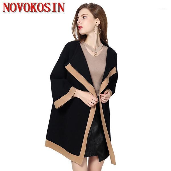 

2021 oversize spring patchwork women cardigan designer female bat sleeves open stitch trench hit color long knitted coat1, Tan;black