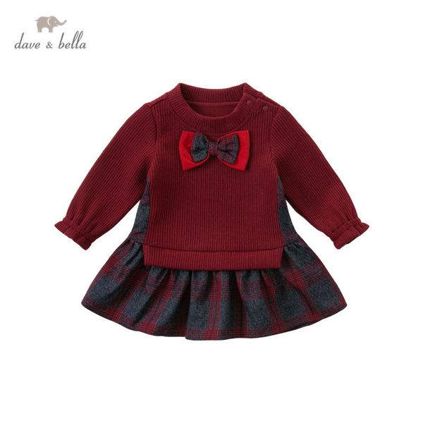 DB14471 Dave Bella Herbst Baby Mädchen süße Schleife Plaid Patchwork Kleid Kinder Mode Party Kleid Kinder Säuglings lolita Kleidung 210317