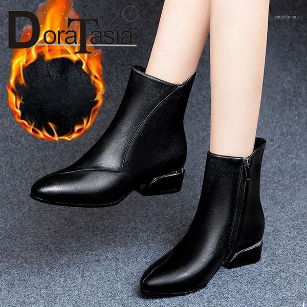 

boots doratasia fashion ladies chunky heels ankle 2021 concise elegant women party office zip pointed toe shoes woman1, Black