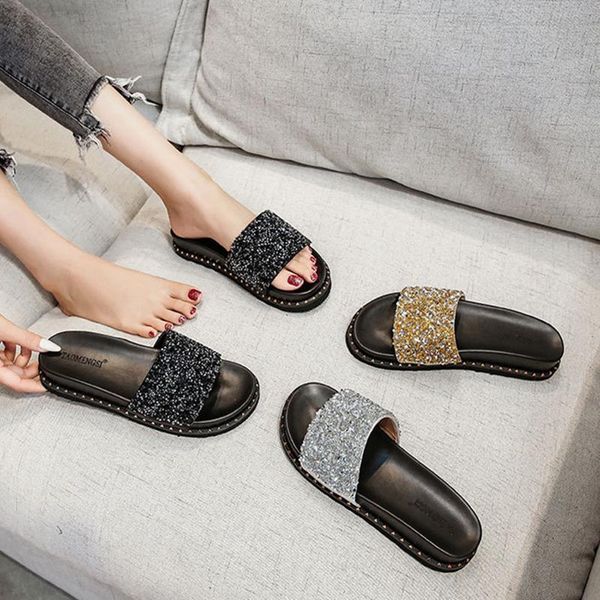 

sandals creepers silver/gold/black crystal bling rivets women open toe muffins slides twinkle triangle studs platform sandalias