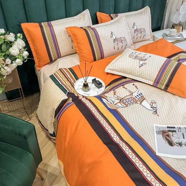 Orangefarbene Designer-Bettwäsche-Sets mit modischem Muster, Baumwolle, Queen-Size-Größe, hochwertiges Luxus-Queen-Bett-Bettdecken-Set, Covers268B