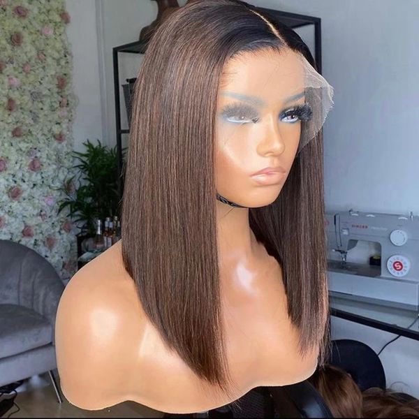 

lace wigs ombre dark chocolate brown bob human hair wig remy straight preplucked 360 13x6 transparent front headband, Black;brown