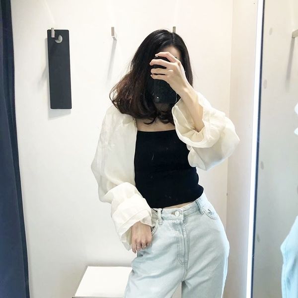 

women's blouses & shirts women elegant sleeve patchwork chic chiffon shirt feminine blouse summer pink black square collar knitted, White